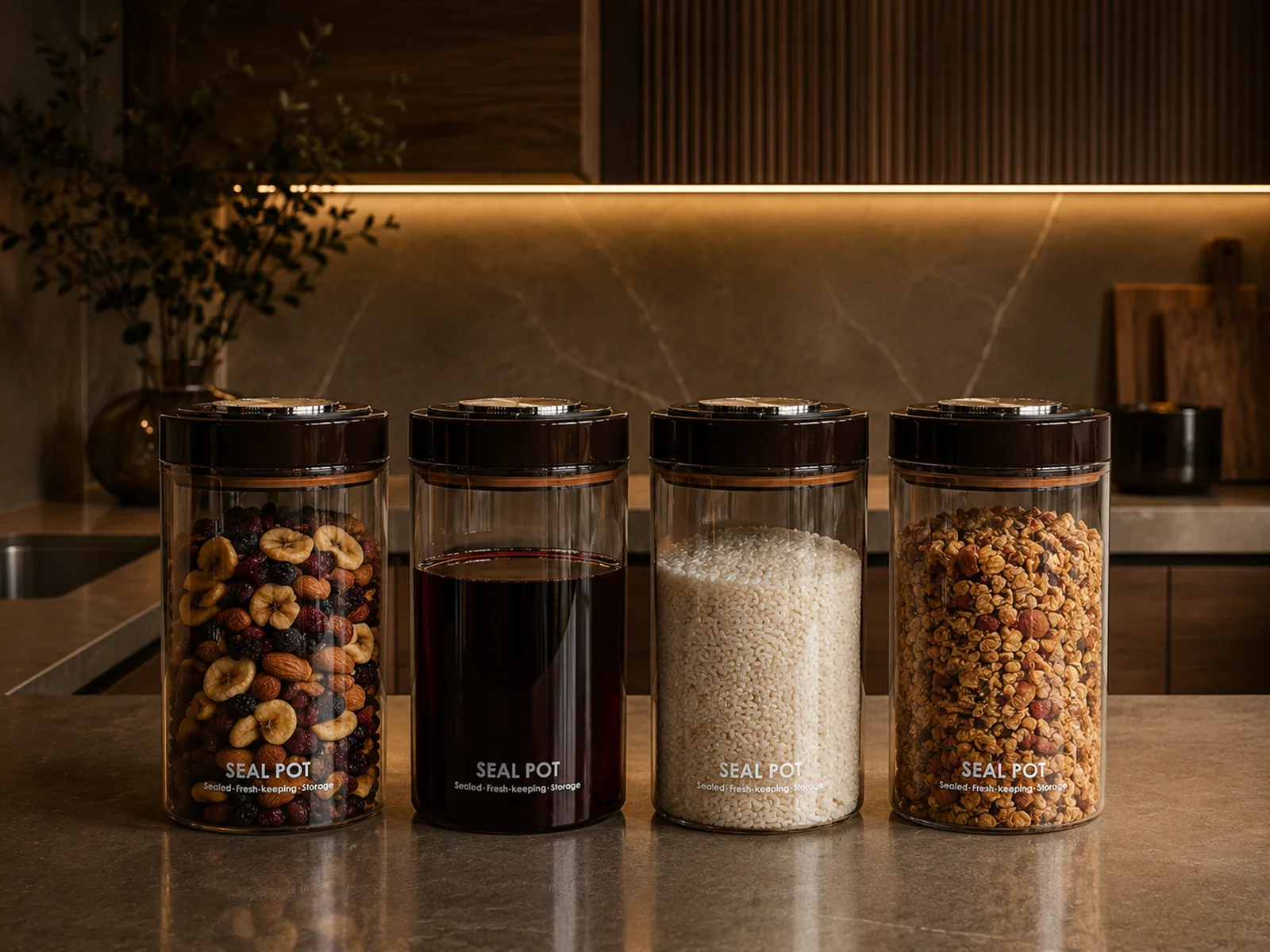 Sušené ovoce, víno, rýže a granola v dózách Dark Brown
